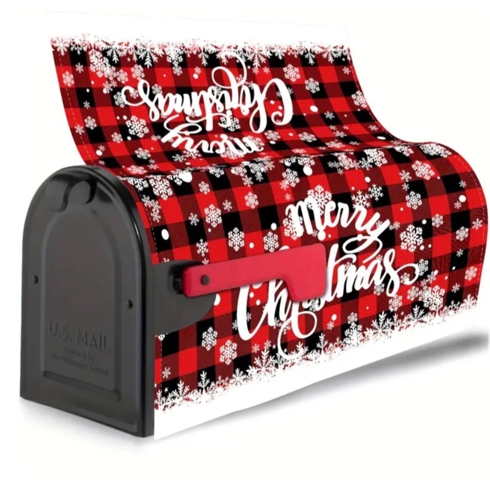 1pc Merry Christmas Holiday Red Plaid Snowflake Mailbox Cover